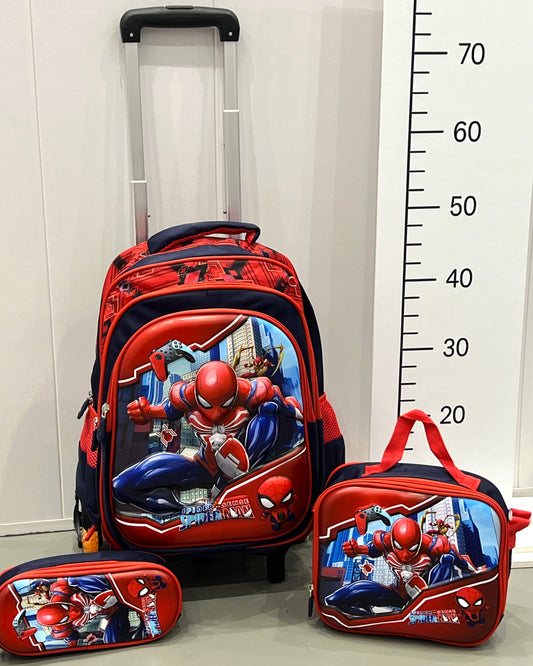 3-in-1 Detachable Trolley Schoolbag Set for Kids – Rolling Backpack with Lunch Bag & Pencil Case - 25-16106-11 Spider
