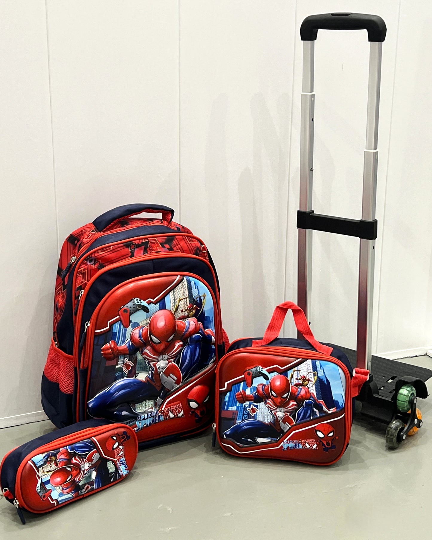 3-in-1 Detachable Trolley Schoolbag Set for Kids – Rolling Backpack with Lunch Bag & Pencil Case - 25-16106-11 Spider