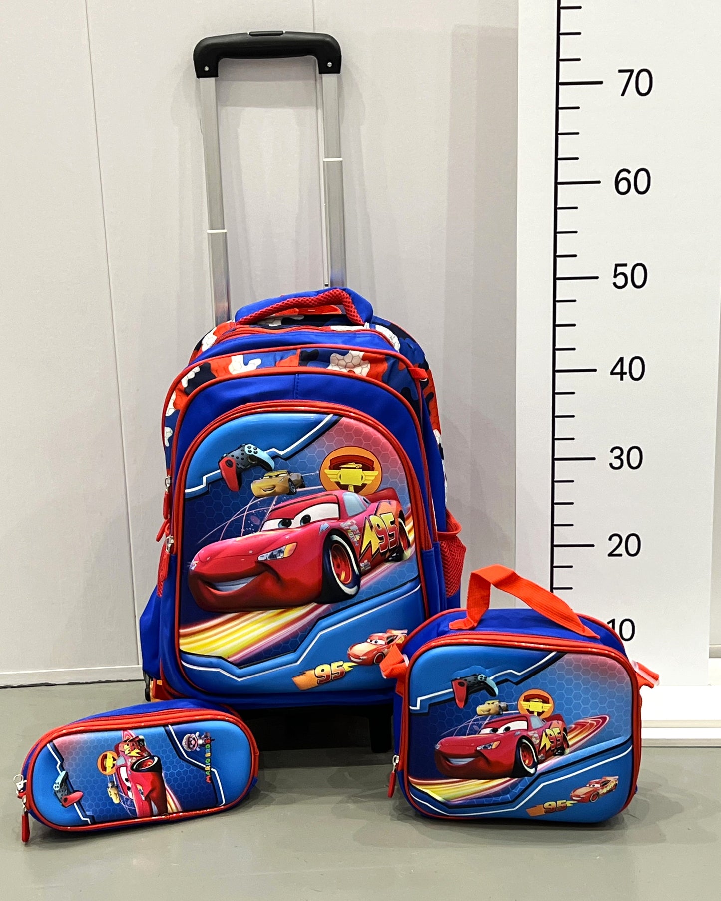 3-in-1 Detachable Trolley Schoolbag Set for Kids – Rolling Backpack with Lunch Bag & Pencil Case - 25-16106-13 Cars