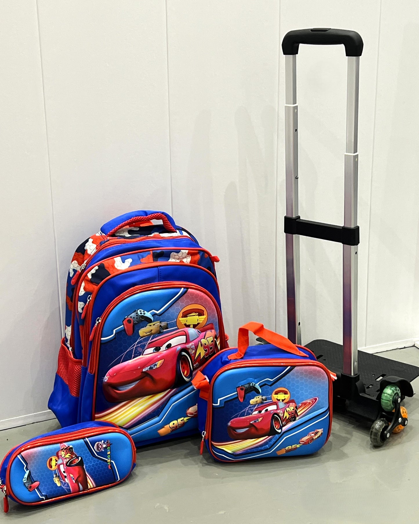 3-in-1 Detachable Trolley Schoolbag Set for Kids – Rolling Backpack with Lunch Bag & Pencil Case - 25-16106-13 Cars