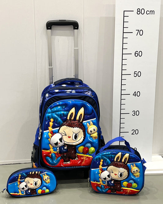3-in-1 Detachable Trolley Schoolbag Set for Kids – Rolling Backpack with Lunch Bag & Pencil Case - 25-16210-10 Cute Monster