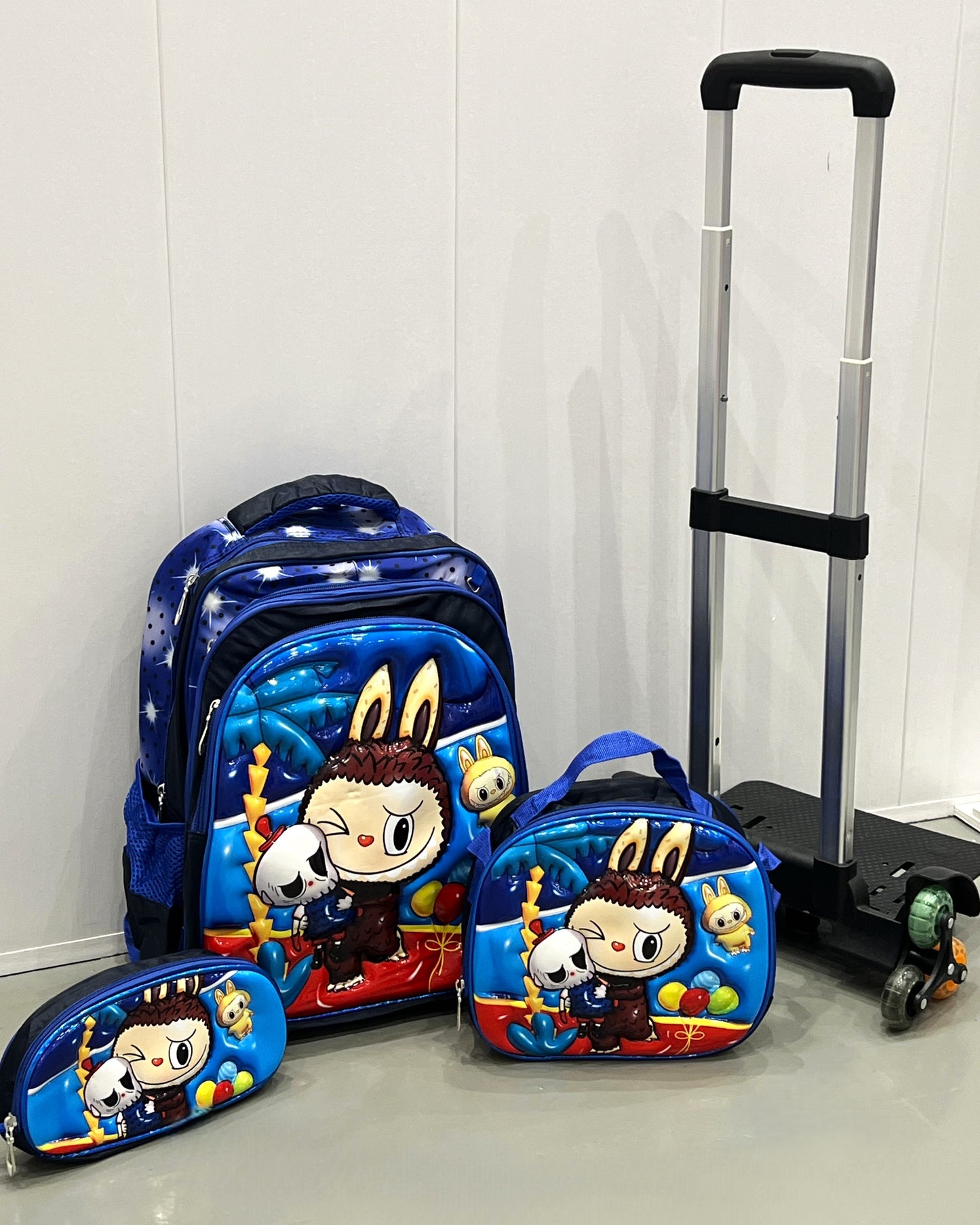3-in-1 Detachable Trolley Schoolbag Set for Kids – Rolling Backpack with Lunch Bag & Pencil Case - 25-16210-10 Cute Monster