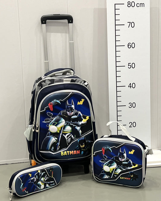 3-in-1 Detachable Trolley Schoolbag Set for Kids – Rolling Backpack with Lunch Bag & Pencil Case - 25-16210-12 Bat