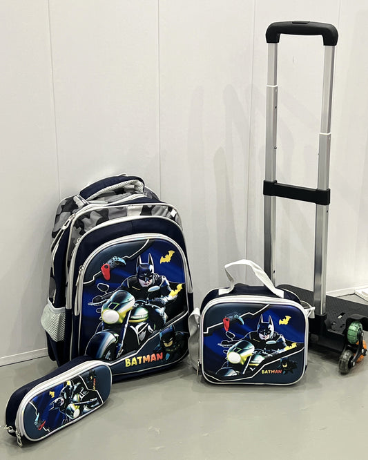 3-in-1 Detachable Trolley Schoolbag Set for Kids – Rolling Backpack with Lunch Bag & Pencil Case - 25-16210-12 Bat
