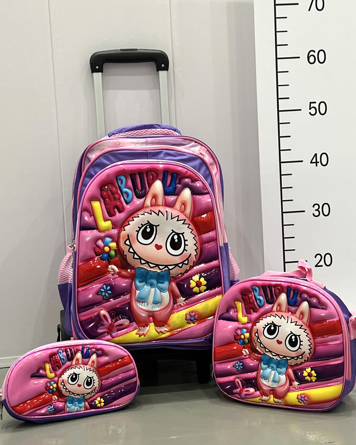 3-in-1 Detachable Trolley Schoolbag Set for Kids – Rolling Backpack with Lunch Bag & Pencil Case - 25-16210-17 Cute Monster