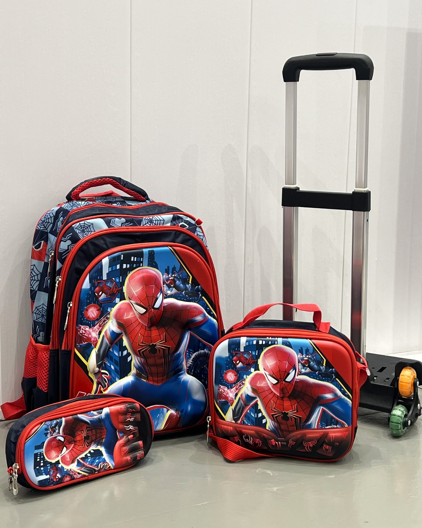 3-in-1 Detachable Trolley Schoolbag Set for Kids – Rolling Backpack with Lunch Bag & Pencil Case - 25-16210-6 Spider