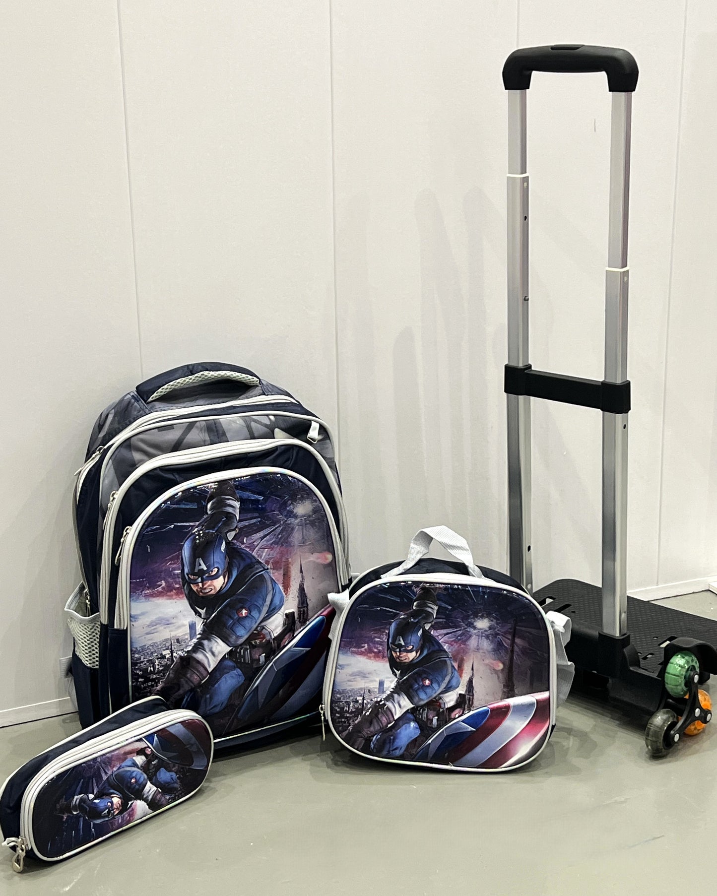 3-in-1 Detachable Trolley Schoolbag Set for Kids – Rolling Backpack with Lunch Bag & Pencil Case - 25-16210-8 Captain