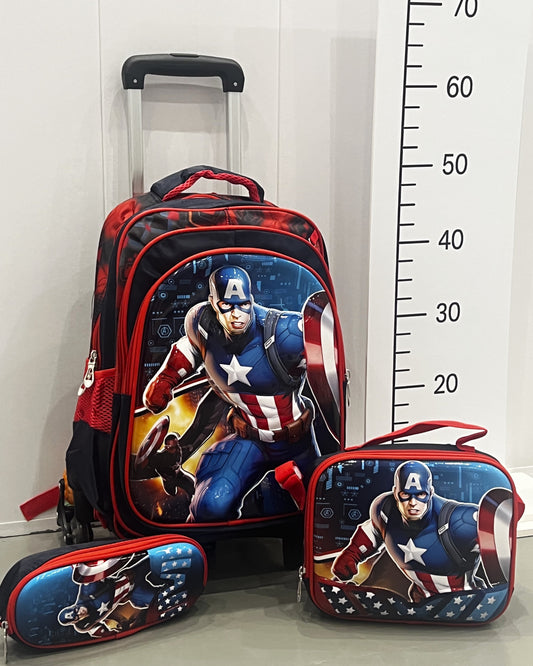 3-in-1 Detachable Trolley Schoolbag Set for Kids – Rolling Backpack with Lunch Bag & Pencil Case - 25-16210-9 Captain