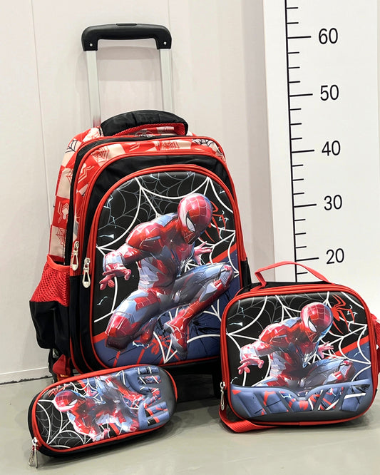 3-in-1 Detachable Trolley Schoolbag Set for Kids – Rolling Backpack with Lunch Bag & Pencil Case - 25-16211-1 Spider