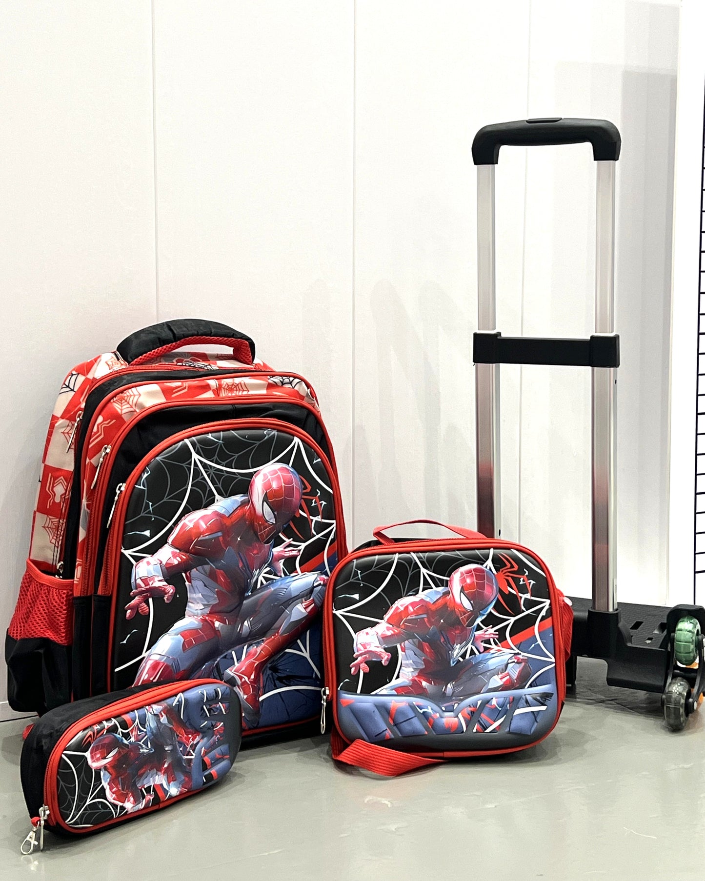 3-in-1 Detachable Trolley Schoolbag Set for Kids – Rolling Backpack with Lunch Bag & Pencil Case - 25-16211-1 Spider