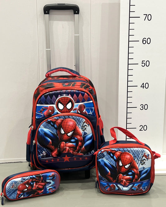 3-in-1 Detachable Trolley Schoolbag Set for Kids – Rolling Backpack with Lunch Bag & Pencil Case - 25-16222-10 Spider