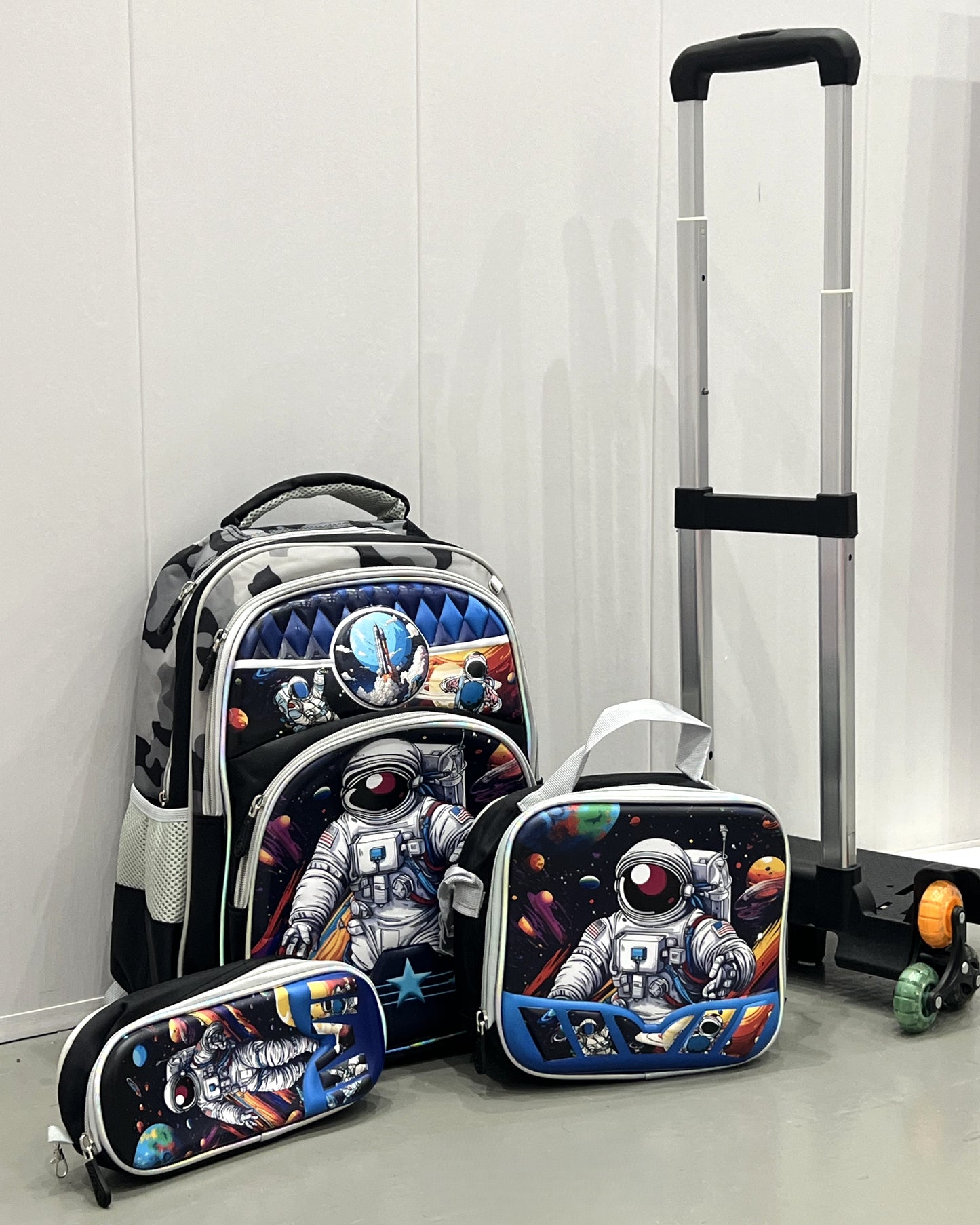 3-in-1 Detachable Trolley Schoolbag Set for Kids – Rolling Backpack with Lunch Bag & Pencil Case - 25-16222-12 Space Adventure