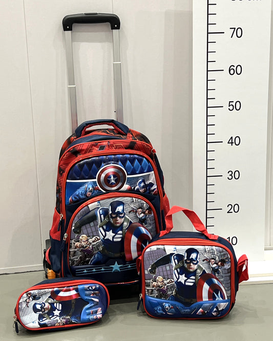 3-in-1 Detachable Trolley Schoolbag Set for Kids – Rolling Backpack with Lunch Bag & Pencil Case - 25-16222-4 Captain
