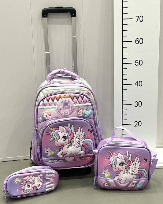 3-in-1 Detachable Trolley Schoolbag Set for Kids – Rolling Backpack with Lunch Bag & Pencil Case - 25-16222-9 Unicorn
