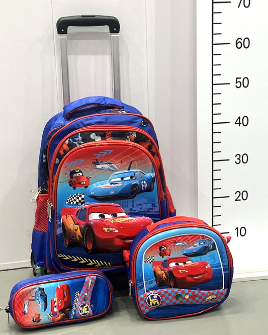 3-in-1 Detachable Trolley Schoolbag Set for Kids – Rolling Backpack with Lunch Bag & Pencil Case - 25-1633-11 Cars