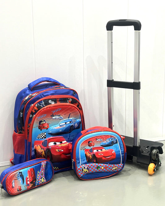 3-in-1 Detachable Trolley Schoolbag Set for Kids – Rolling Backpack with Lunch Bag & Pencil Case - 25-1633-11 Cars