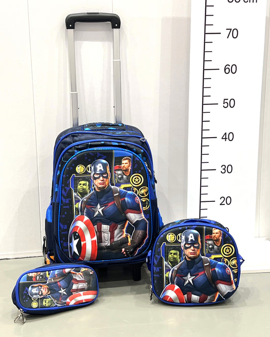 3-in-1 Detachable Trolley Schoolbag Set for Kids – Rolling Backpack with Lunch Bag & Pencil Case - 25-3001-2 Captain