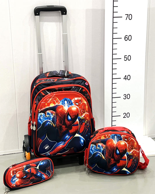 3-in-1 Detachable Trolley Schoolbag Set for Kids – Rolling Backpack with Lunch Bag & Pencil Case - 25-3001-3 Spider