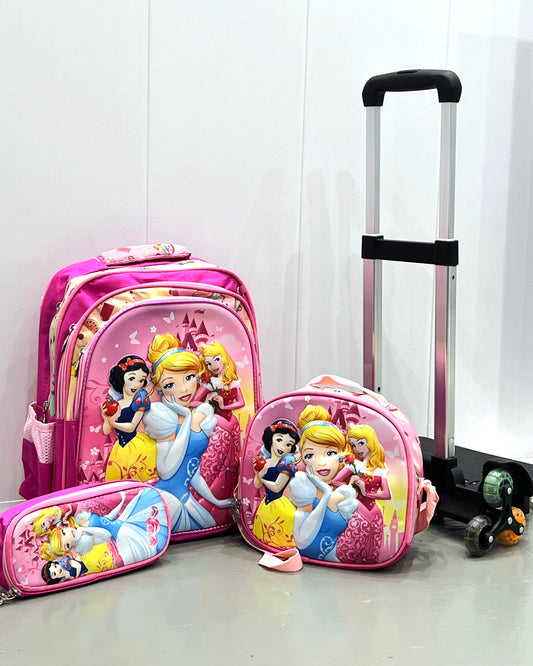 3-in-1 Detachable Trolley Schoolbag Set for Kids – Rolling Backpack with Lunch Bag & Pencil Case - 25-3001-5 Princesses