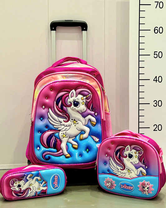 3-in-1 Detachable Trolley Schoolbag Set for Kids – Rolling Backpack with Lunch Bag & Pencil Case - 25-6215-12 Unicorn