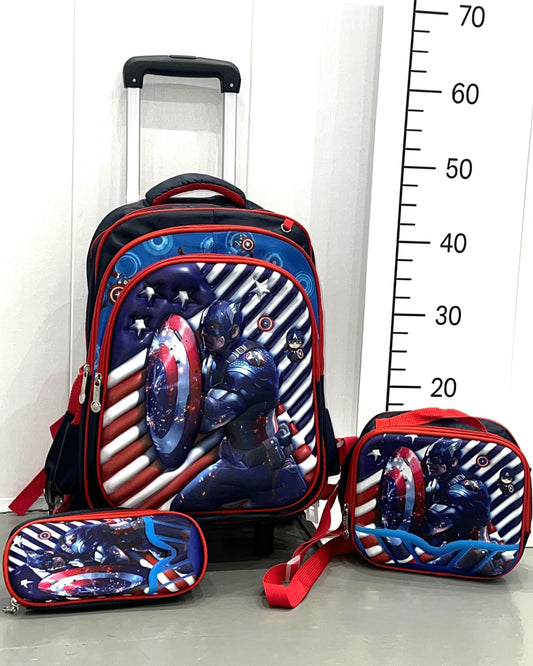 3-in-1 Detachable Trolley Schoolbag Set for Kids – Rolling Backpack with Lunch Bag & Pencil Case - 25-6215-17 Captain Striped