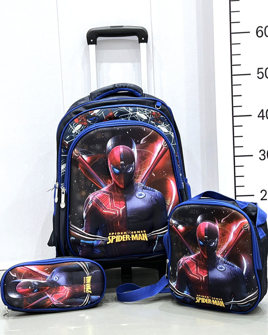 3-in-1 Detachable Trolley Schoolbag Set for Kids – Rolling Backpack with Lunch Bag & Pencil Case - 25-6215-3 Spider