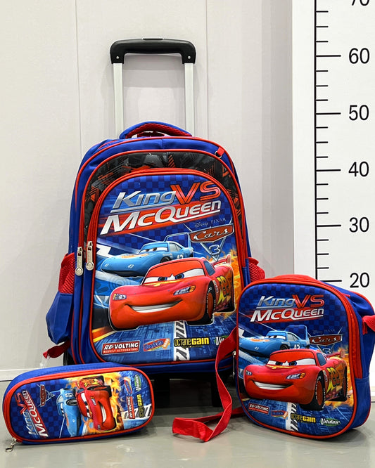 3-in-1 Detachable Trolley Schoolbag Set for Kids – Rolling Backpack with Lunch Bag & Pencil Case - 25-6215-4 Cars