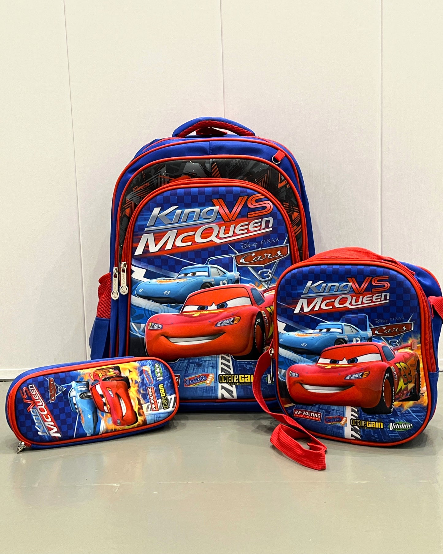 3-in-1 Detachable Trolley Schoolbag Set for Kids – Rolling Backpack with Lunch Bag & Pencil Case - 25-6215-4 Cars