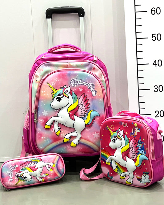 3-in-1 Detachable Trolley Schoolbag Set for Kids – Rolling Backpack with Lunch Bag & Pencil Case - 25-6215-5 Unicorn