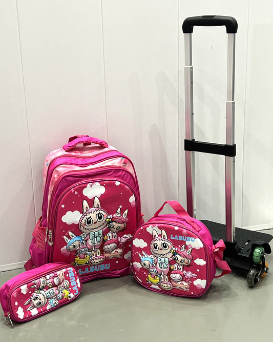 3-in-1 Detachable Trolley Schoolbag Set for Kids – Rolling Backpack with Lunch Bag & Pencil Case - 25-JZ2003-13 Cute Monster