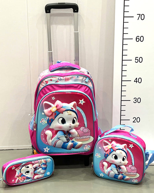 3-in-1 Detachable Trolley Schoolbag Set for Kids – Rolling Backpack with Lunch Bag & Pencil Case - 25-JZ2003-19 Cute Cat