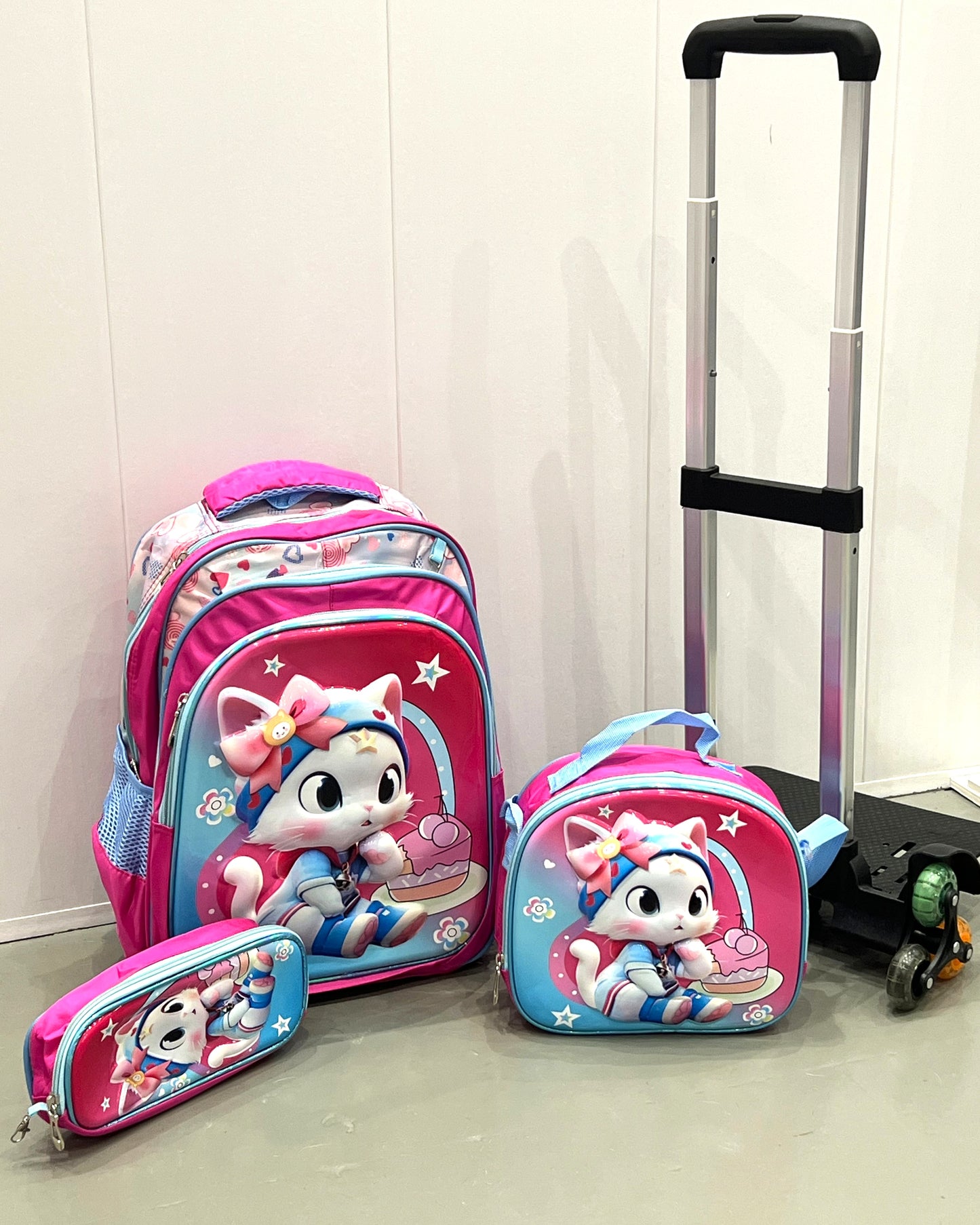 3-in-1 Detachable Trolley Schoolbag Set for Kids – Rolling Backpack with Lunch Bag & Pencil Case - 25-JZ2003-19 Cute Cat