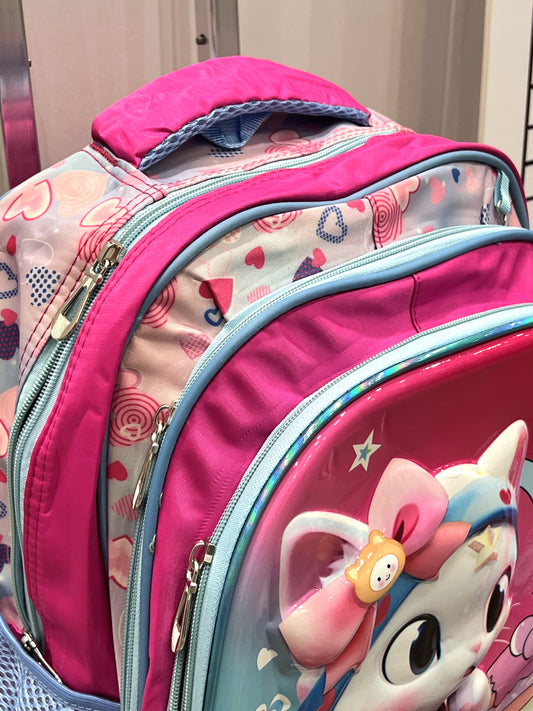 3-in-1 Detachable Trolley Schoolbag Set for Kids – Rolling Backpack with Lunch Bag & Pencil Case - 25-JZ2003-19 Cute Cat