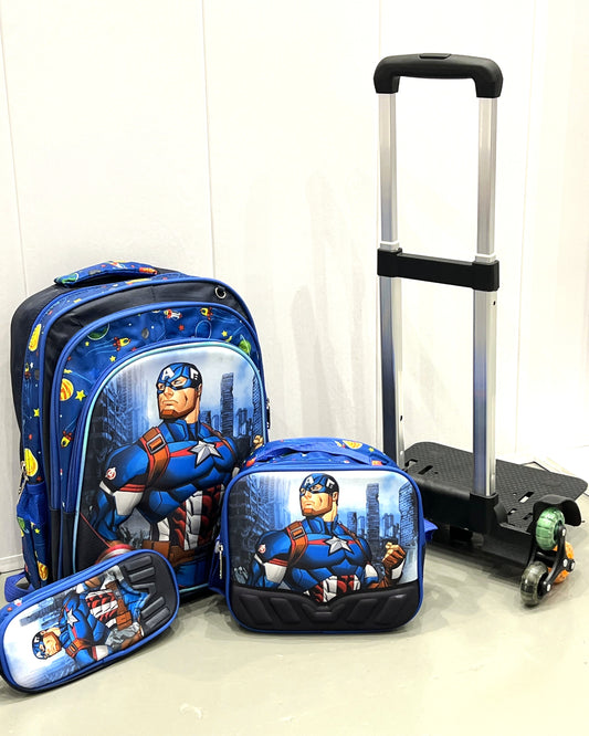 3-in-1 Detachable Trolley Schoolbag Set for Kids – Rolling Backpack with Lunch Bag & Pencil Case - 25-JZ2003-2 Captain