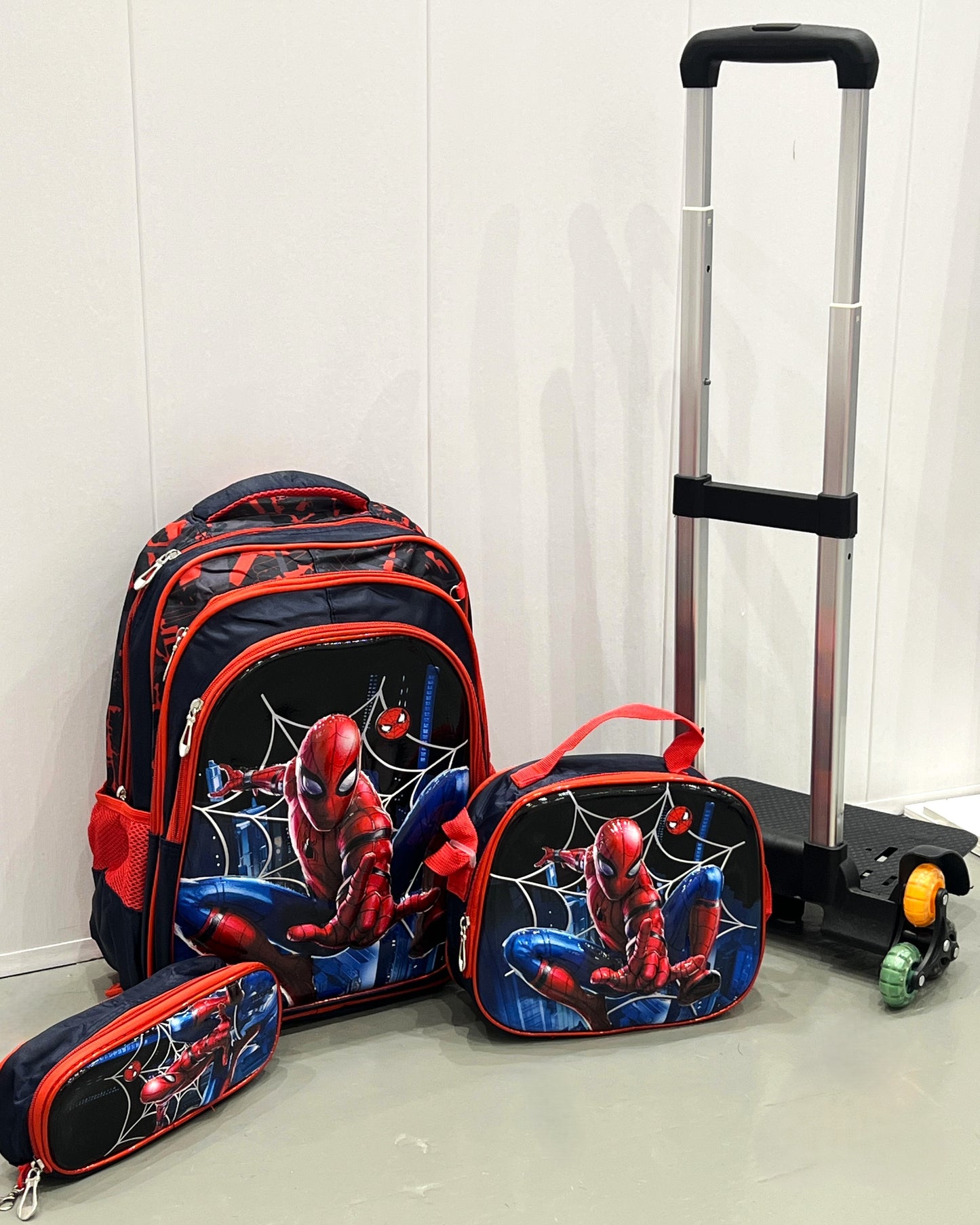 3-in-1 Detachable Trolley Schoolbag Set for Kids – Rolling Backpack with Lunch Bag & Pencil Case - 25-JZ2003-37 Spider