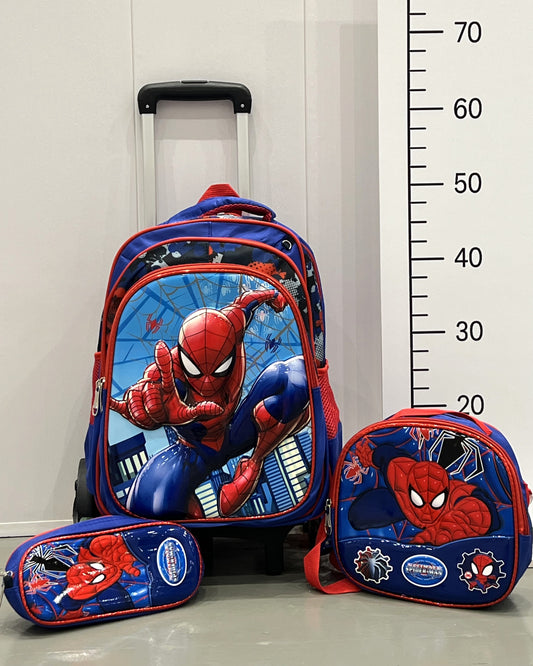 3-in-1 Detachable Trolley Schoolbag Set for Kids – Rolling Backpack with Lunch Bag & Pencil Case - 25-JZ2003-38 Spider Blue