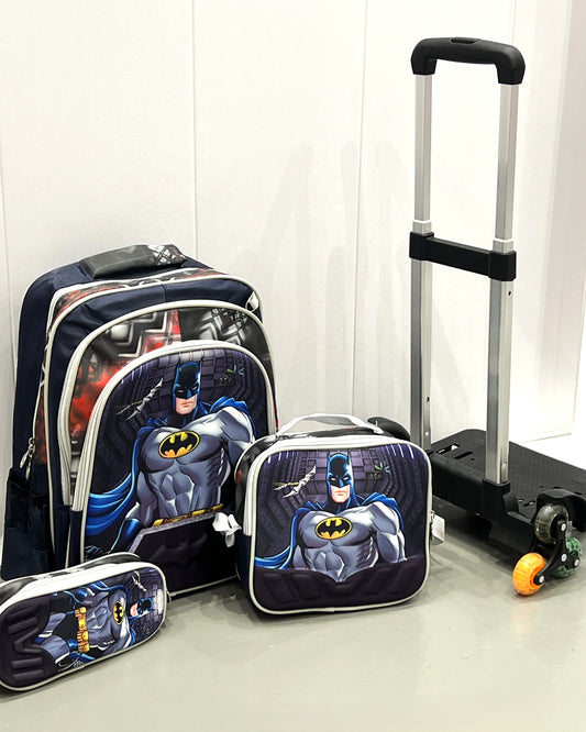 3-in-1 Detachable Trolley Schoolbag Set for Kids – Rolling Backpack with Lunch Bag & Pencil Case - 25-JZ2003-4 Bat
