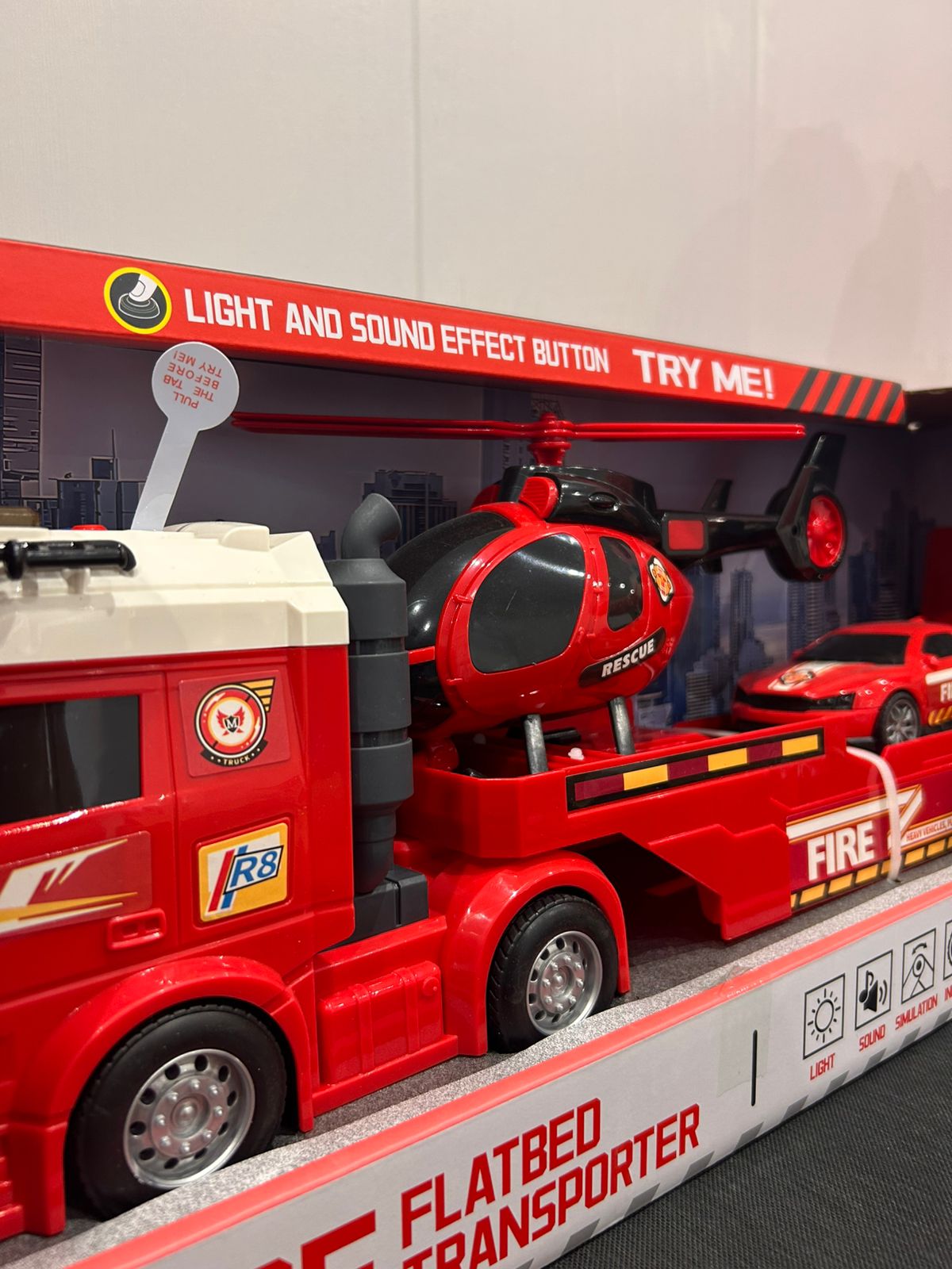 60cm XL Fire Flatbed Transporter Toy Set – Truck, Helicopter & Car (with Lights & Sounds) | C607704 | CityGo