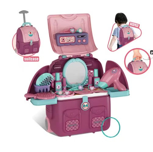 3 in 1 kids beauty vanity backpack suitcase with play mirror and accessories