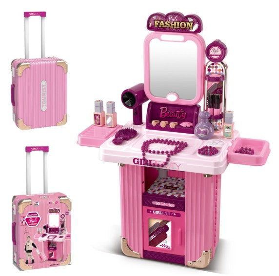 2 in 1 beauty vanity suitcase for kids with mirror lights and accessories