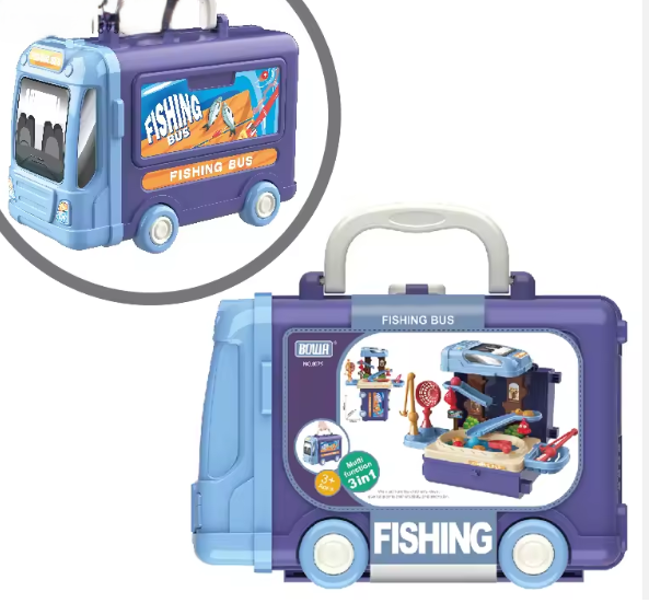 portable bus case that opens into fishing table for kids