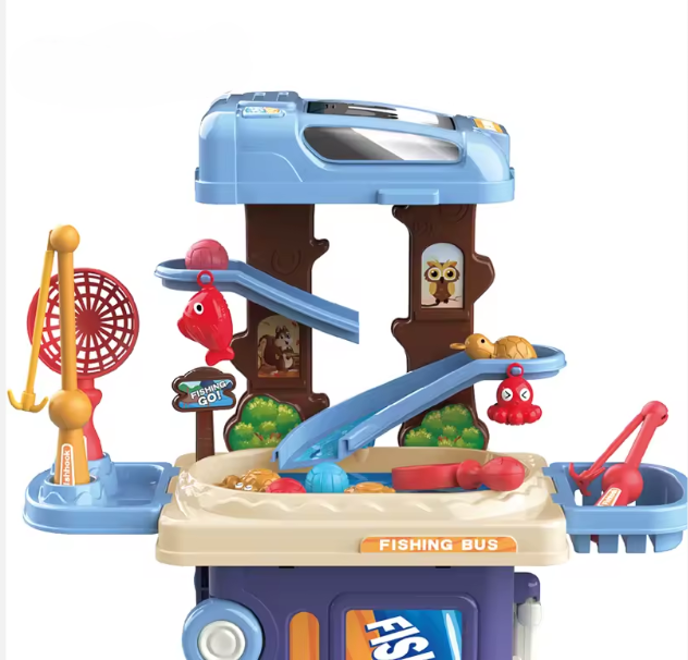 portable bus case that opens into fishing table for kids