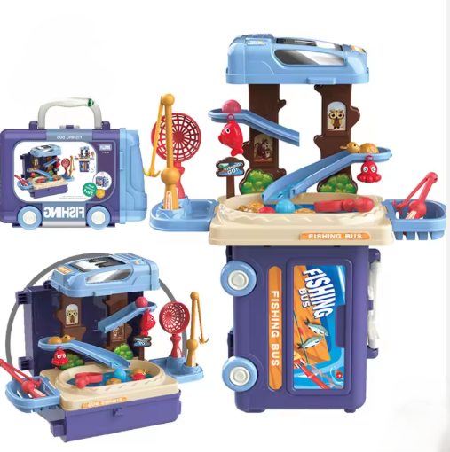 portable bus case that opens into fishing table for kids