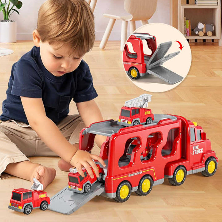 fire truck carrier with 3 mini engines and helicopter