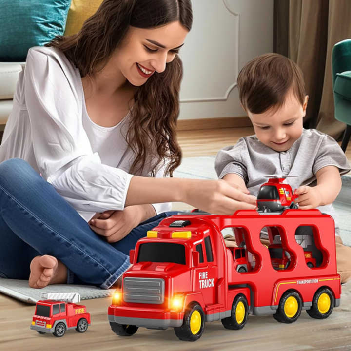 fire truck carrier with 3 mini engines and helicopter