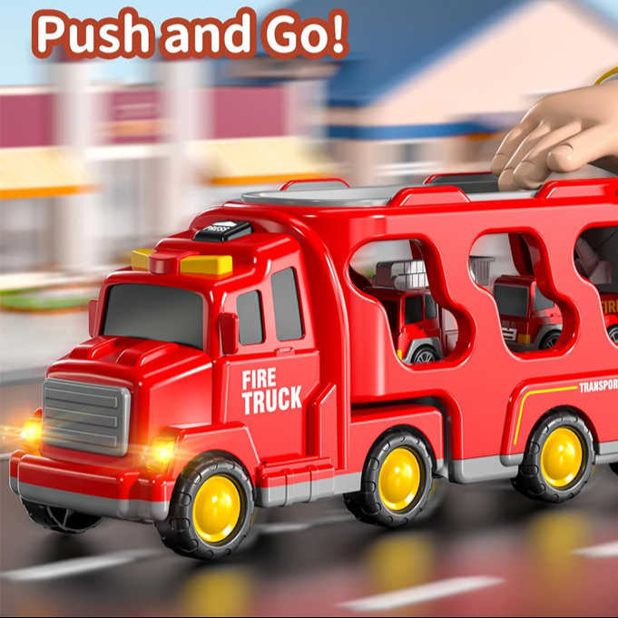 fire truck carrier with 3 mini engines and helicopter