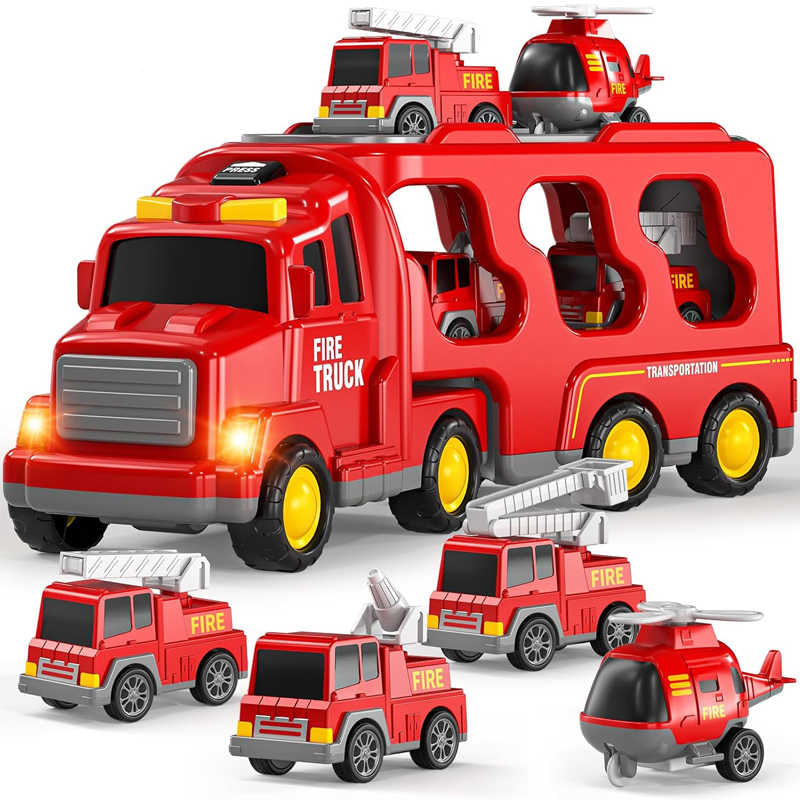 fire truck carrier with 3 mini engines and helicopter