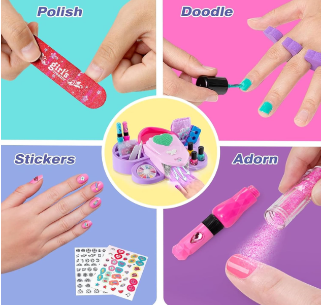 kids nail art studio with air dry machine and polishes
