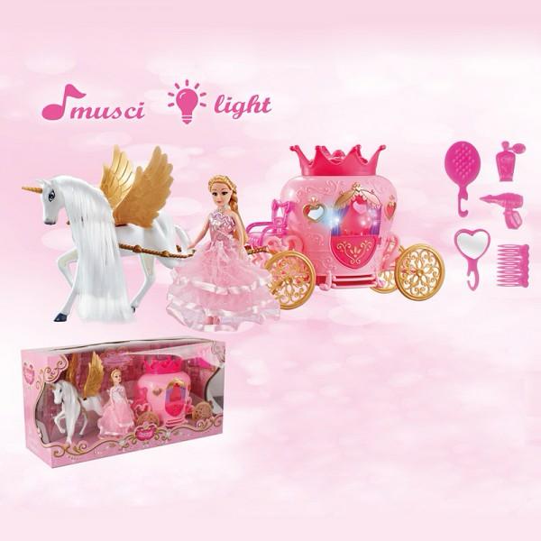 Princess carriage and doll toy with horse, music and lights for kids 3 plus