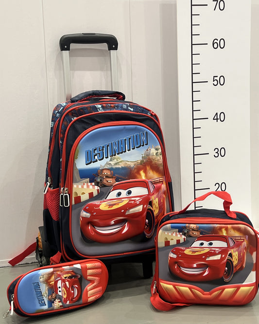 3-in-1 Detachable Trolley Schoolbag Set for Kids – Rolling Backpack with Lunch Bag & Pencil Case - 25-16211-2 Cars